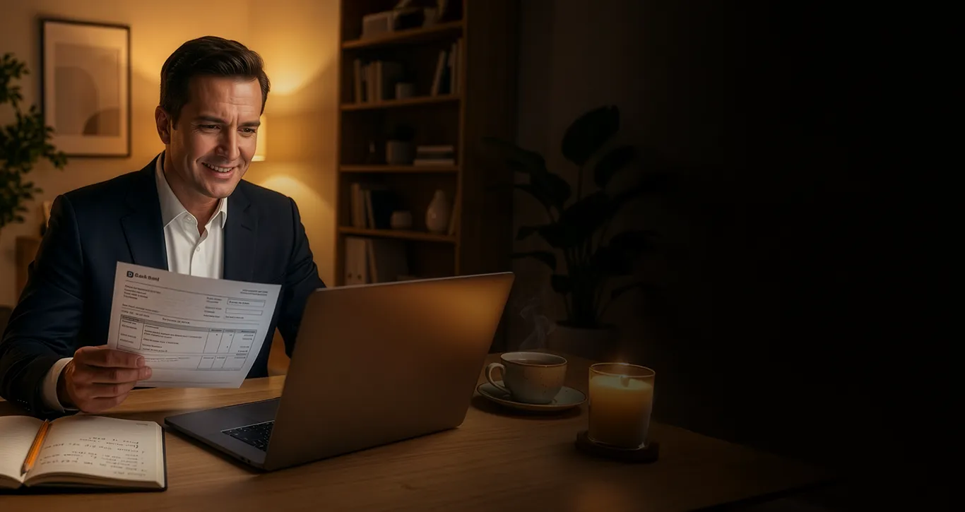 Homem sorridente sentado em frente a um computador