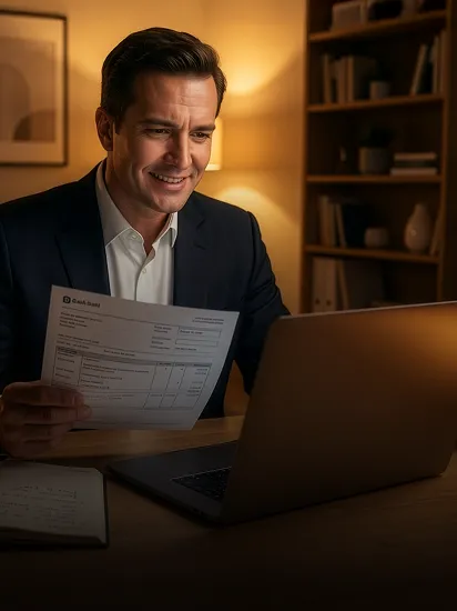 Homem sorridente sentado em frente a um computador