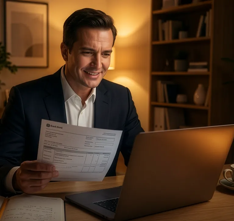 Homem sorridente sentado em frente a um computador