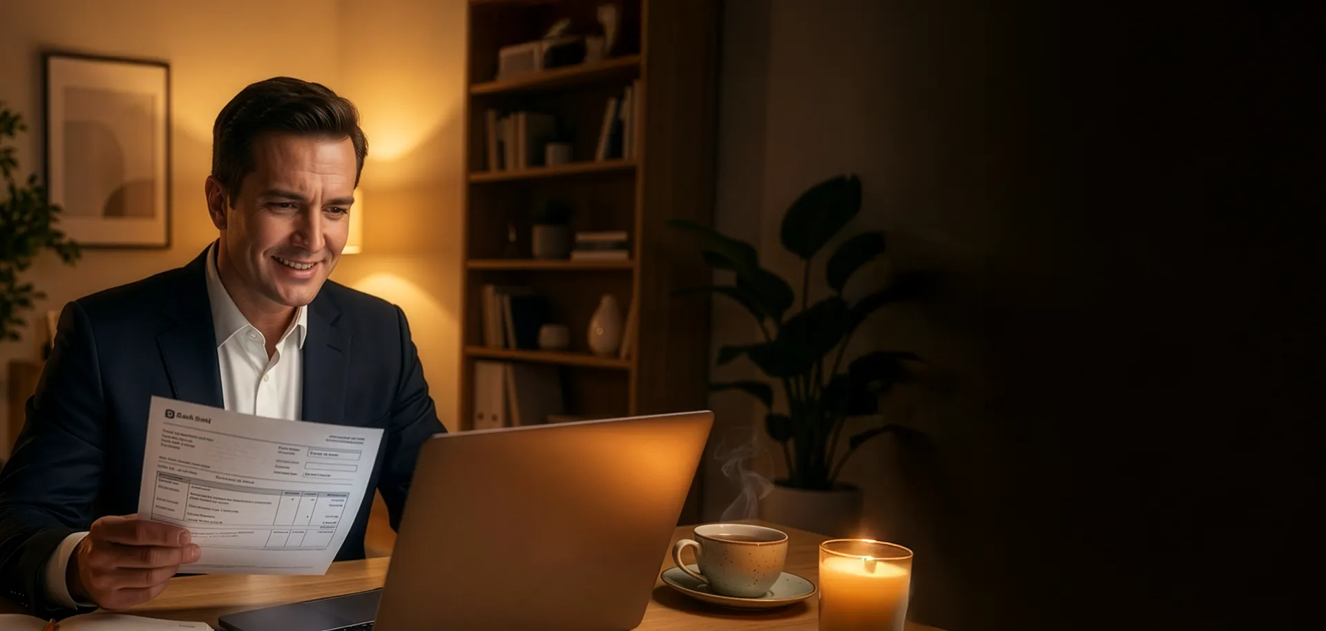 Homem sorridente sentado em frente a um computador