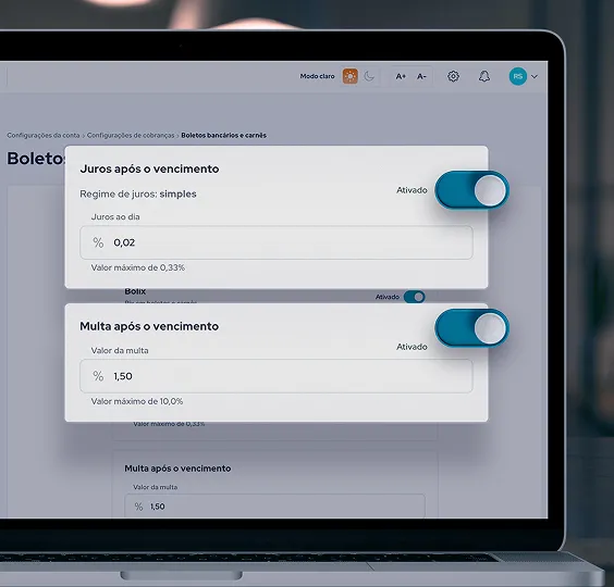 Configuração de forma rápida de multas e juros