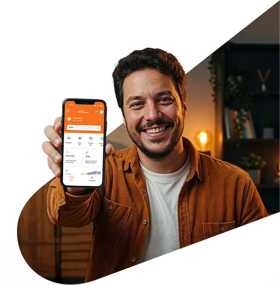 Pessoa segurando smartphone exibindo a tela da Conta Digital Efí Bank