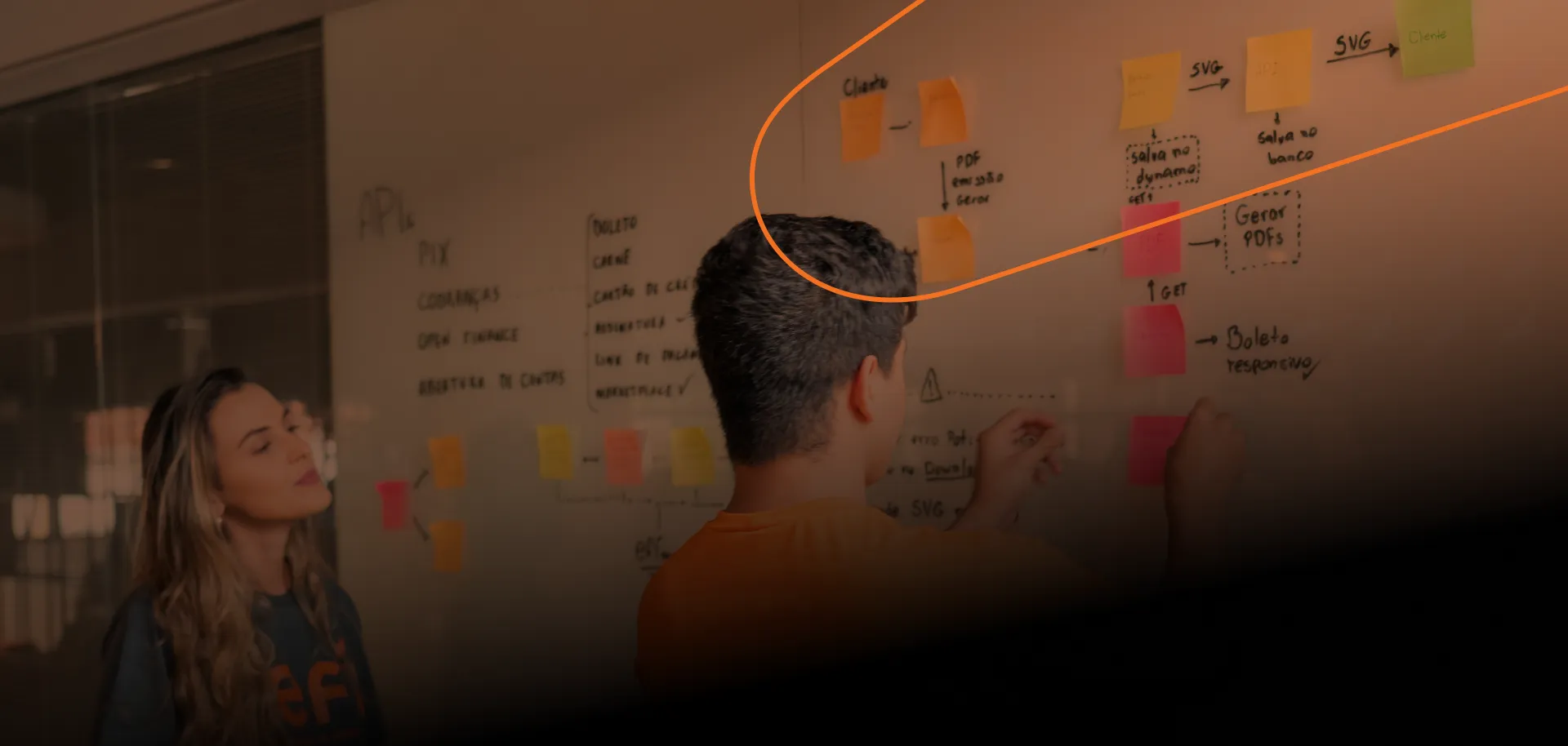 Colaborador do Efí Bank, de costas, vestindo uma camisa laranja e colando adesivos em um quadro de planejamento