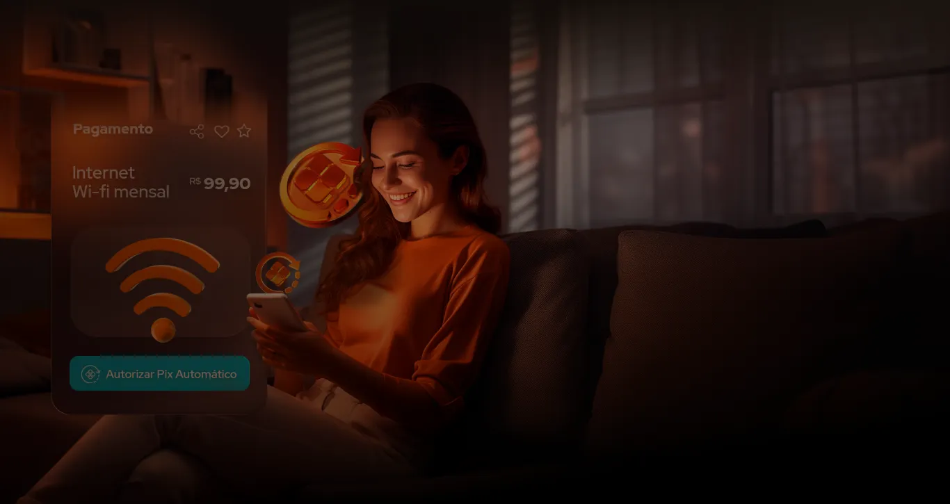 Usuária sentada, com o celular na mão programando um pix automático