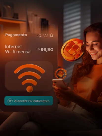 Usuária sentada, com o celular na mão programando um pix automático