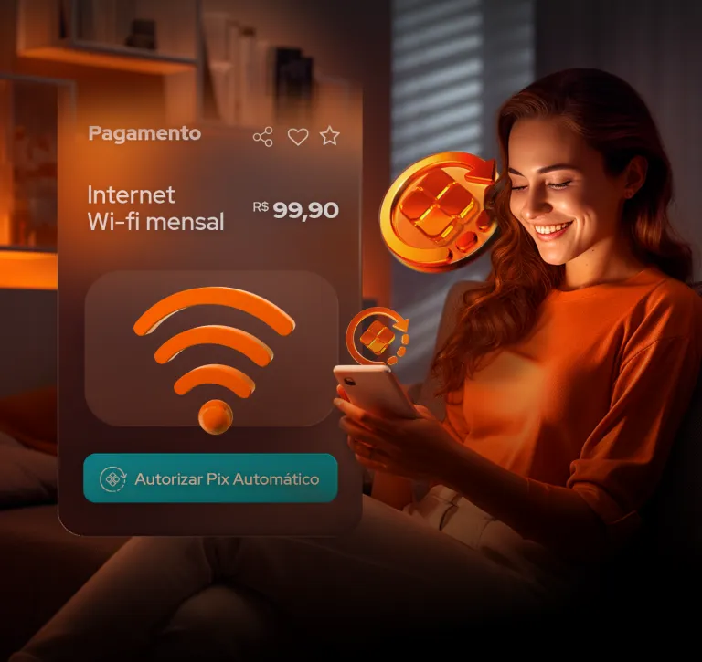 Usuária sentada, com o celular na mão programando um pix automático