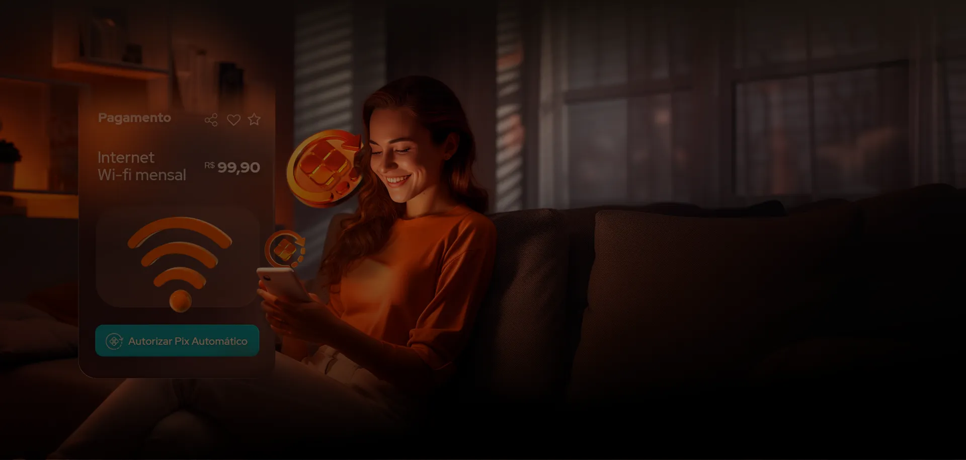 Usuária sentada, com o celular na mão programando um pix automático