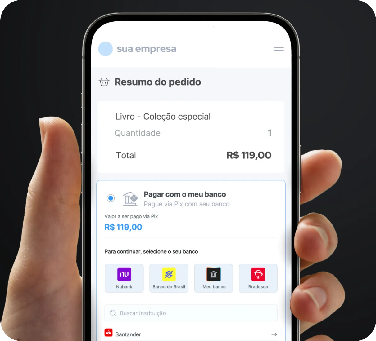 Na tela de pagamento, escolha o seu banco de preferência