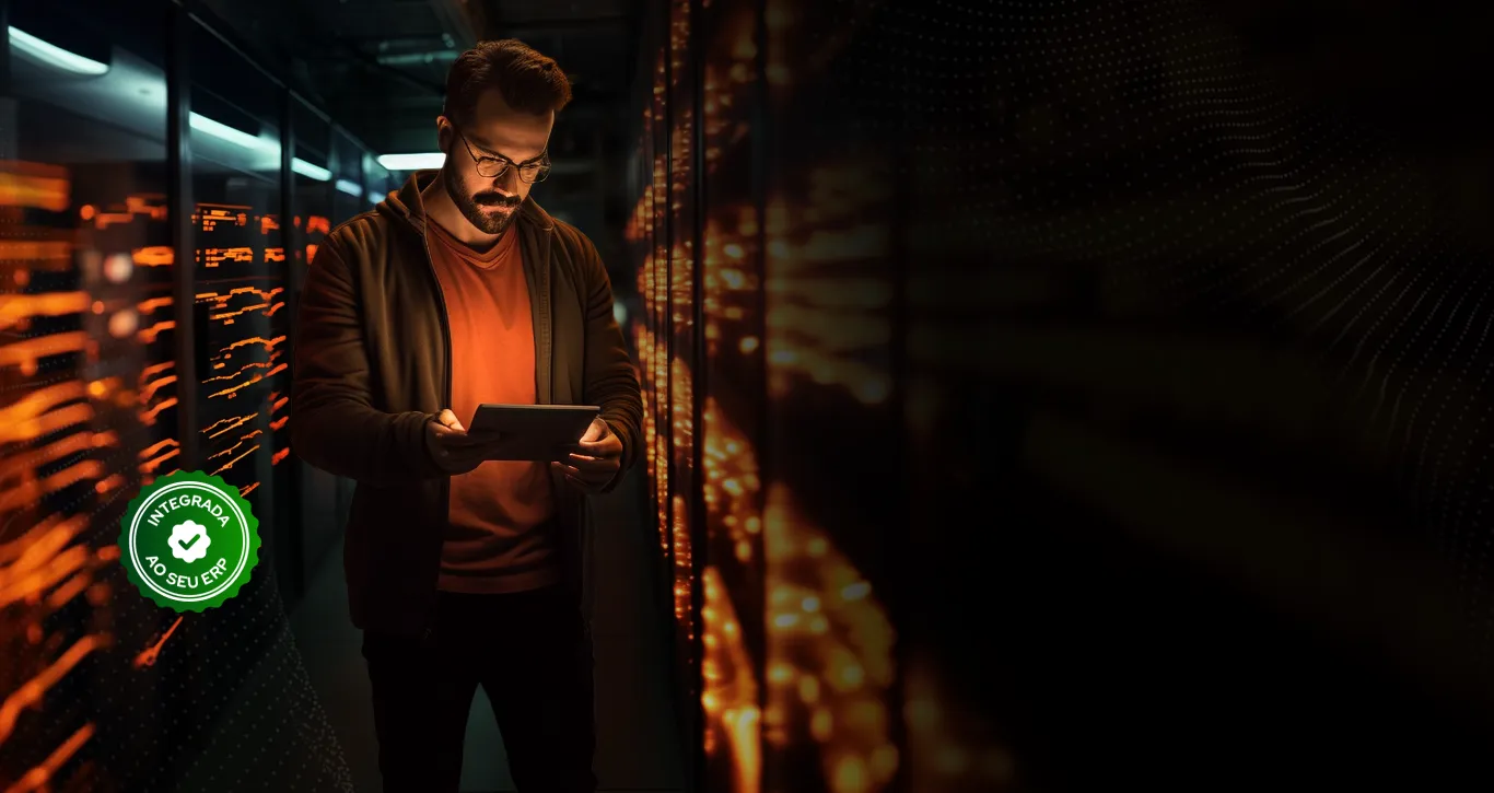 Homem em sala de servidores representando o dono de provedor de internet. Ao lado, um selo com mensagem “Integrada ao seu ERP”, se referindo ao sistema de pagamento do Efí.