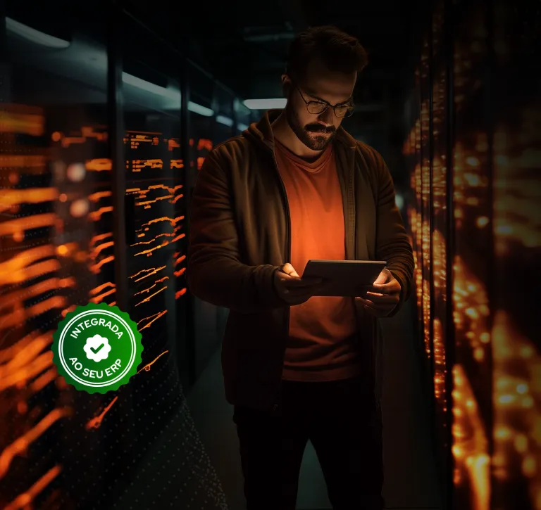 Homem em sala de servidores representando o dono de provedor de internet. Ao lado, um selo com mensagem “Integrada ao seu ERP”, se referindo ao sistema de pagamento do Efí.