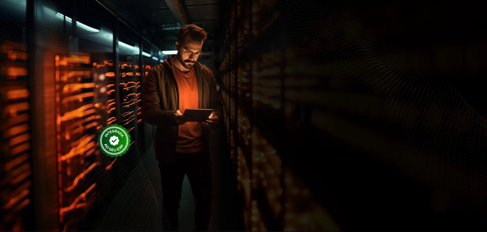 Homem em sala de servidores representando o dono de provedor de internet. Ao lado, um selo com mensagem “Integrada ao seu ERP”, se referindo ao sistema de pagamento do Efí.