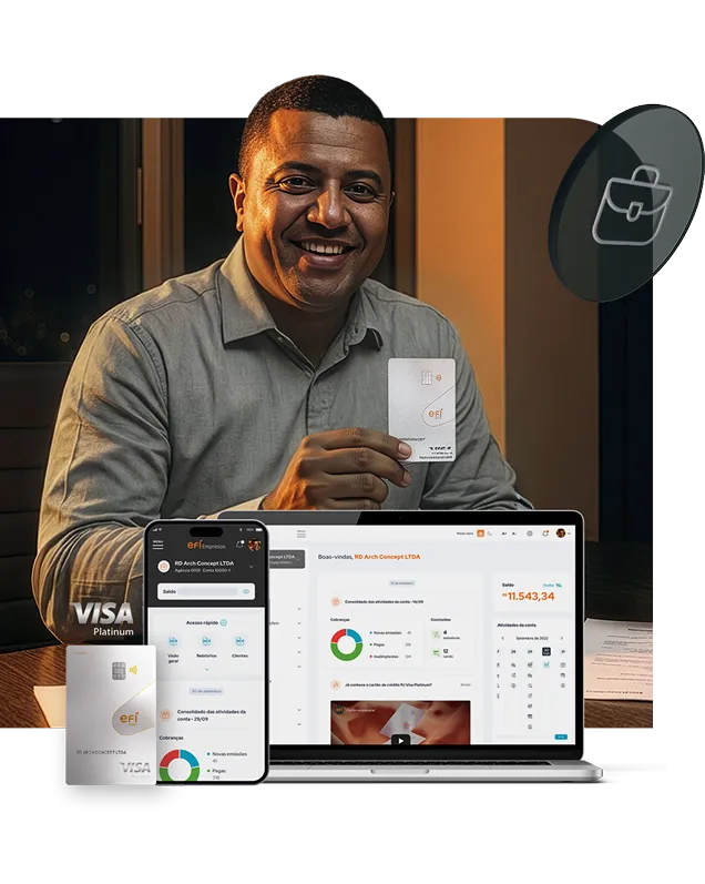 Mulher sorridente, cartão Visa Platinum e gestão de cobranças no celular e no notebook